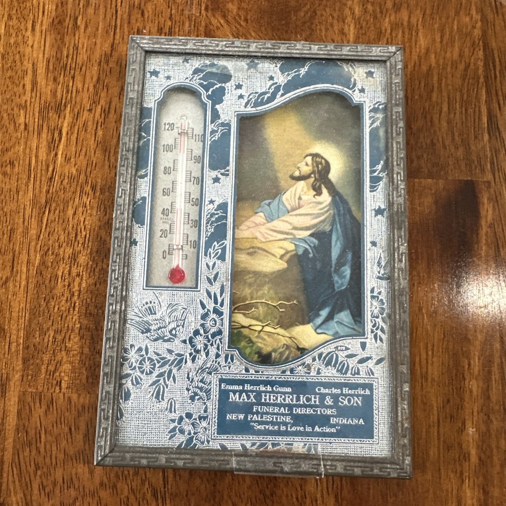 Vintage Religious Themed Funeral Home Advertisement / Thermometer‎ New Palestine